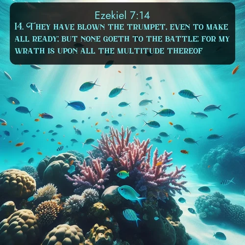 citation biblique : 14. They have blown the trumpet, even to make all ready; but none goeth to the battle: for my wrath is upon all the multitude thereof.
 sur fond image nature