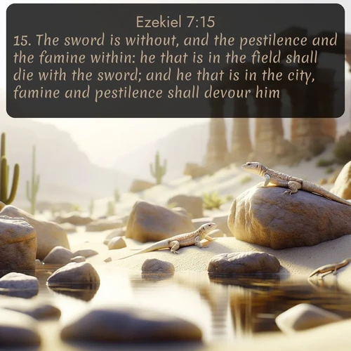 citation biblique : 15. The sword is without, and the pestilence and the famine within: he that is in the field shall die with the sword; and he that is in the city, famine and pestilence shall devour him.
 sur fond image nature