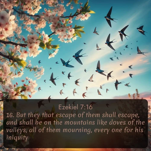 citation biblique : 16. But they that escape of them shall escape, and shall be on the mountains like doves of the valleys, all of them mourning, every one for his iniquity.
 sur fond image nature