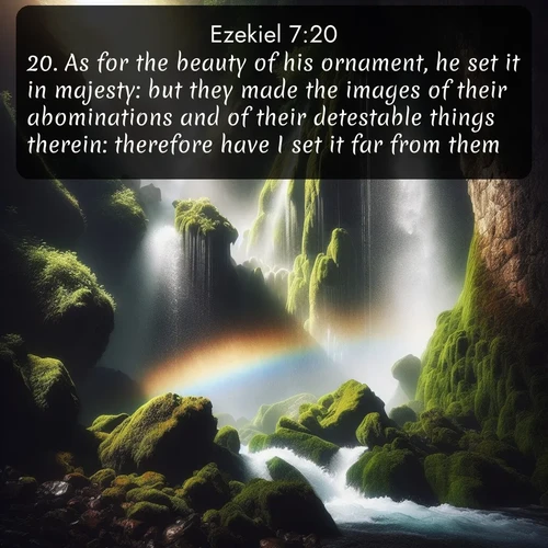 KJV Ezekiel  ; image nature: image with the bible verse :As for the beauty of his ornament, he set it in majesty: but they made the images of their abominations and of their detestable things therein: therefore have I set it far from them. ; Explore a collection of Bible verses paired with springtime scenes, featuring blooming flowers, lush meadows, and trees in full bloom. These images symbolize divine renewal and hope. Download inspiring verses like KJV Ezekiel 7:20. Current verse is overlayed with the thematic nature scene : A waterfall thunders through ancient moss-covered rocks while rainbow mist rises where water meets stone. ; 7:20