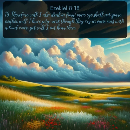 citation biblique : 18. Therefore will I also deal in fury: mine eye shall not spare, neither will I have pity: and though they cry in mine ears with a loud voice, yet will I not hear them.
 sur fond image nature