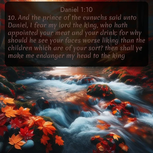 citation biblique : 10. And the prince of the eunuchs said unto Daniel, I fear my lord the king, who hath appointed your meat and your drink: for why should he see your faces worse liking than the children which are of your sort? then shall ye make me endanger my head to the king.
 sur fond image nature
