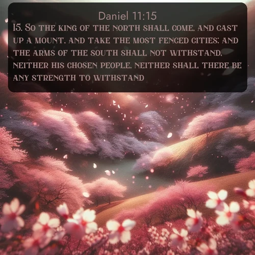 citation biblique : 15. So the king of the north shall come, and cast up a mount, and take the most fenced cities: and the arms of the south shall not withstand, neither his chosen people, neither shall there be any strength to withstand.
 sur fond image nature