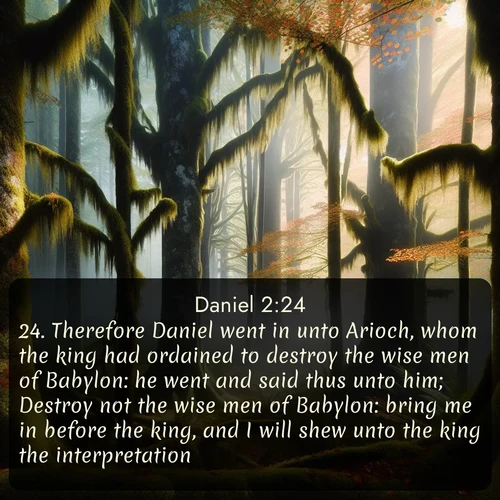 KJV Daniel  ; image nature: image with the bible verse :Therefore Daniel went in unto Arioch, whom the king had ordained to destroy the wise men of Babylon: he went and said thus unto him; Destroy not the wise men of Babylon: bring me in before the king, and I will shew unto the king the interpretation. ; Browse a gallery of Bible verses paired with summer scenes, such as golden wheat fields, bright skies, and sunny beaches. These images convey the joy and warmth of God&#039;s creation. Download and share verses like KJV Daniel 2:24. Current verse is overlayed with the thematic nature scene : Autumn fog shrouds an old-growth forest draped in moss and lichen. ; 2:24