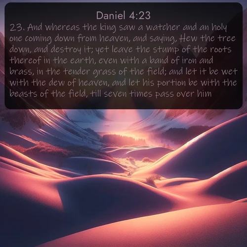 citation biblique : 23. And whereas the king saw a watcher and an holy one coming down from heaven, and saying, Hew the tree down, and destroy it; yet leave the stump of the roots thereof in the earth, even with a band of iron and brass, in the tender grass of the field; and let it be wet with the dew of heaven, and let his portion be with the beasts of the field, till seven times pass over him;
 sur fond image nature