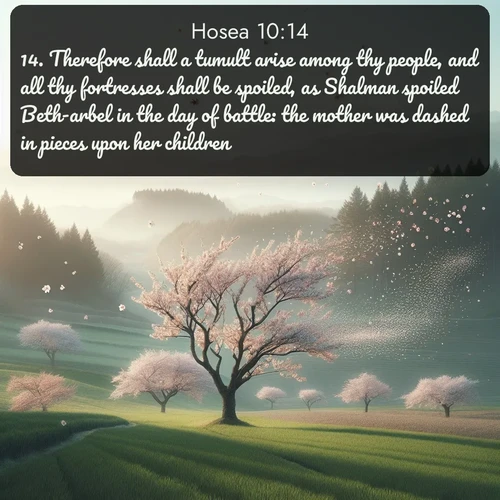 KJV Hosea  ; image nature: image with the bible verse :Therefore shall a tumult arise among thy people, and all thy fortresses shall be spoiled, as Shalman spoiled Beth-arbel in the day of battle: the mother was dashed in pieces upon her children. ; Browse Bible images illustrated by desert landscapes, with endless skies, golden dunes, and isolated palm trees. These images evoke the calm and grandeur of God&#039;s creation. Download inspiring verses like KJV Hosea 10:14. Current verse is overlayed with the thematic nature scene : Spring winds scatter cherry blossoms like snow. ; 10:14