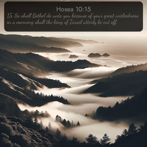 citation biblique : 15. So shall Bethel do unto you because of your great wickedness: in a morning shall the king of Israel utterly be cut off.
 sur fond image nature