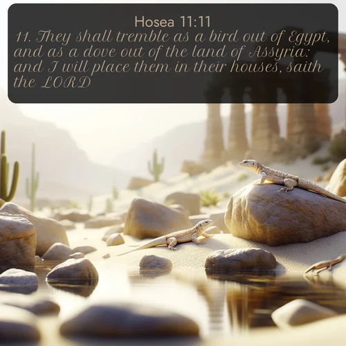 KJV Hosea  ; image nature: image with the bible verse :They shall tremble as a bird out of Egypt, and as a dove out of the land of Assyria: and I will place them in their houses, saith the LORD. ; Browse our collection of vibrant Bible verse images set against calming backdrops like tropical shores, quiet woods, and majestic mountains. Download free wallpapers featuring KJV Hosea 11:11. Current verse is overlayed with the thematic nature scene : Desert lizards bask on sun-warmed rocks near ancient ruins. ; 11:11