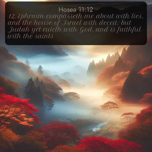 KJV Hosea  ; image nature: image with the bible verse :Ephraim compasseth me about with lies, and the house of Israel with deceit: but Judah yet ruleth with God, and is faithful with the saints. ; Discover Bible images adorned with spring landscapes, like tulip fields, cherry blossoms, and green hills. These bright scenes symbolize God&#039;s renewal and grace. Download verses like KJV Hosea 11:12. Current verse is overlayed with the thematic nature scene : Autumn mist rises from a valley dotted with red and gold maples. ; 11:12
