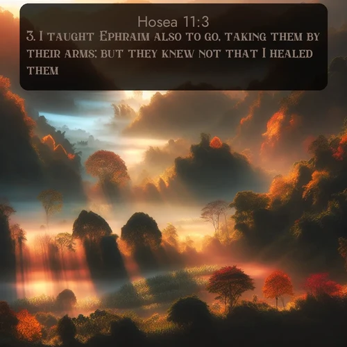 KJV Hosea  ; image nature: image with the bible verse :I taught Ephraim also to go, taking them by their arms; but they knew not that I healed them. ; Dive into our collection of Bible verses paired with breathtaking desert landscapes, featuring infinite dunes, shaded oases, and desert sunsets. These images highlight the majestic grandeur of God&#039;s creation. Download and share verses like KJV Hosea 11:3. Current verse is overlayed with the thematic nature scene : Autumn mist rises from warming morning valleys. ; 11:3