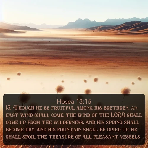 citation biblique : 15. Though he be fruitful among his brethren, an east wind shall come, the wind of the LORD shall come up from the wilderness, and his spring shall become dry, and his fountain shall be dried up: he shall spoil the treasure of all pleasant vessels.
 sur fond image nature
