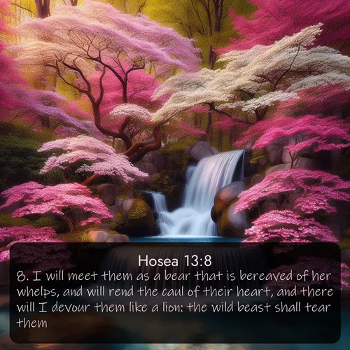 citation biblique : 8. I will meet them as a bear that is bereaved of her whelps, and will rend the caul of their heart, and there will I devour them like a lion: the wild beast shall tear them.
 sur fond image nature