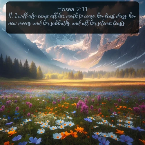 citation biblique : 11. I will also cause all her mirth to cease, her feast days, her new moons, and her sabbaths, and all her solemn feasts.
 sur fond image nature