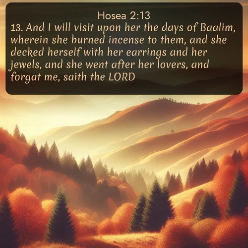 citation biblique : 13. And I will visit upon her the days of Baalim, wherein she burned incense to them, and she decked herself with her earrings and her jewels, and she went after her lovers, and forgat me, saith the LORD.
 sur fond image nature