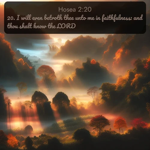 KJV Hosea  ; image nature: image with the bible verse :I will even betroth thee unto me in faithfulness: and thou shalt know the LORD. ; Dive into a gallery of Bible verses illustrated by tropical beach scenes, featuring sparkling waves, seashells, and radiant sunrises. These images evoke divine peace and joy. Download and share inspiring verses like KJV Hosea 2:20. Current verse is overlayed with the thematic nature scene : Autumn mist rises from warming morning valleys. ; 2:20