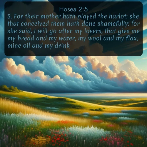 citation biblique : 5. For their mother hath played the harlot: she that conceived them hath done shamefully: for she said, I will go after my lovers, that give me my bread and my water, my wool and my flax, mine oil and my drink.
 sur fond image nature