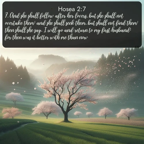 citation biblique : 7. And she shall follow after her lovers, but she shall not overtake them; and she shall seek them, but shall not find them: then shall she say, I will go and return to my first husband; for then was it better with me than now.
 sur fond image nature