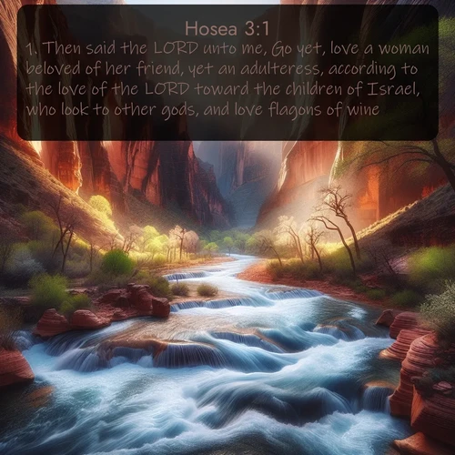 citation biblique : 1. Then said the LORD unto me, Go yet, love a woman beloved of her friend, yet an adulteress, according to the love of the LORD toward the children of Israel, who look to other gods, and love flagons of wine.
 sur fond image nature