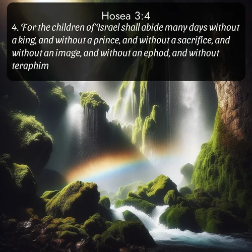 KJV Hosea 3:4 overlaying nature image scene: A waterfall thunders through ancient moss-covered rocks while rainbow mist rises where water meets stone.;4. For the children of Israel shall abide many days without a king, and without a prince, and without a sacrifice, and without an image, and without an ephod, and without teraphim: