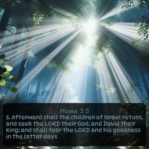KJV Hosea 3:5 overlaying nature image scene: Summer light filters through forest canopy like stained glass.;5. Afterward shall the children of Israel return, and seek the LORD their God, and David their king; and shall fear the LORD and his goodness in the latter days.