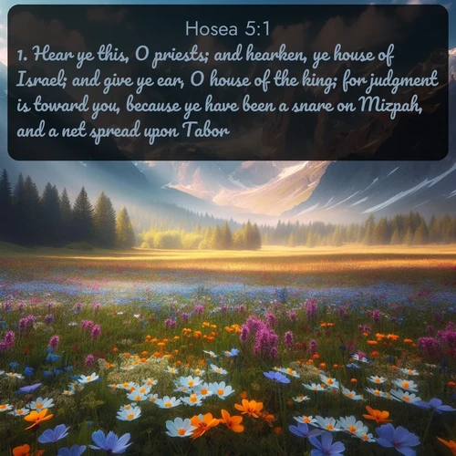 citation biblique : 1. Hear ye this, O priests; and hearken, ye house of Israel; and give ye ear, O house of the king; for judgment is toward you, because ye have been a snare on Mizpah, and a net spread upon Tabor.
 sur fond image nature