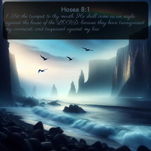 citation biblique : 1. Set the trumpet to thy mouth. He shall come as an eagle against the house of the LORD, because they have transgressed my covenant, and trespassed against my law.
 sur fond image nature