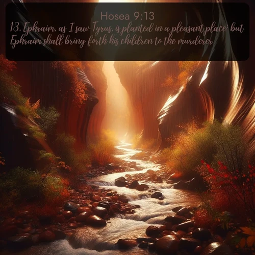 KJV Hosea  ; image nature: image with the bible verse :Ephraim, as I saw Tyrus, is planted in a pleasant place: but Ephraim shall bring forth his children to the murderer. ; Discover Bible images illustrated by desert landscapes, like sand dunes, majestic rocks, and starry skies. These images symbolize the grandeur and immensity of God&#039;s creation. Download verses like KJV Hosea 9:13. Current verse is overlayed with the thematic nature scene : Autumn rain creates temporary streams in slot canyons. ; 9:13