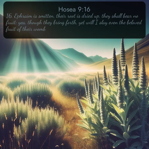 KJV Hosea  ; image nature: image with the bible verse :Ephraim is smitten, their root is dried up, they shall bear no fruit: yea, though they bring forth, yet will I slay even the beloved fruit of their womb. ; Download inspiring Bible verse images featuring stunning natural vistas, from tropical islands to rolling hills. These free images make perfect wallpapers or gifts. Share verses like KJV Hosea 9:16. Current verse is overlayed with the thematic nature scene : Summer heat brings out the scent of sage in mountain meadows. ; 9:16
