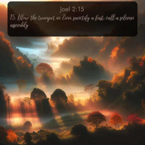 citation biblique : 15. Blow the trumpet in Zion, sanctify a fast, call a solemn assembly:
 sur fond image nature