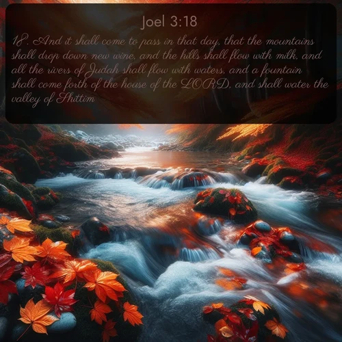 citation biblique : 18. And it shall come to pass in that day, that the mountains shall drop down new wine, and the hills shall flow with milk, and all the rivers of Judah shall flow with waters, and a fountain shall come forth of the house of the LORD, and shall water the valley of Shittim.
 sur fond image nature