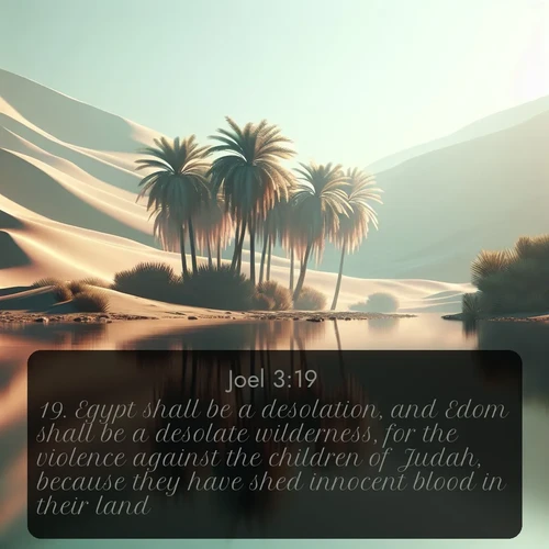 citation biblique : 19. Egypt shall be a desolation, and Edom shall be a desolate wilderness, for the violence against the children of Judah, because they have shed innocent blood in their land.
 sur fond image nature