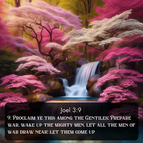 KJV Joel 3:9 overlaying nature image scene: A spring cascade plunges into a pool surrounded by flowering dogwood.;9. Proclaim ye this among the Gentiles; Prepare war, wake up the mighty men, let all the men of war draw near; let them come up: