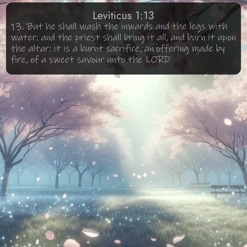 citation biblique : 13. But he shall wash the inwards and the legs with water: and the priest shall bring it all, and burn it upon the altar: it is a burnt sacrifice, an offering made by fire, of a sweet savour unto the LORD.
 sur fond image nature