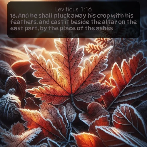 citation biblique : 16. And he shall pluck away his crop with his feathers, and cast it beside the altar on the east part, by the place of the ashes:
 sur fond image nature