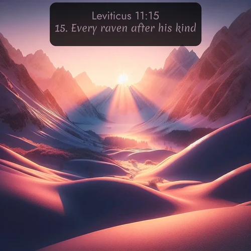 KJV Leviticus  ; image nature: image with the bible verse :Every raven after his kind; ; Browse our library of beautiful Bible verse images, perfect for wallpapers or sharing. Each verse is paired with serene natural landscapes like misty mountains, calming beaches, and colorful sunsets. Download and enjoy verses such as KJV Leviticus 11:15. Current verse is overlayed with the thematic nature scene : Winter sunset paints snow-covered peaks in shades of rose and gold. ; 11:15