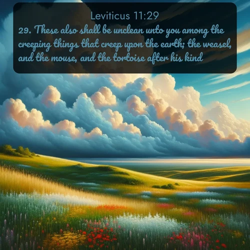 KJV Leviticus  ; image nature: image with the bible verse :These also shall be unclean unto you among the creeping things that creep upon the earth; the weasel, and the mouse, and the tortoise after his kind, ; Browse our selection of stunning Bible verse images featuring unique natural scenes like fiery autumn forests, serene meadows, and starlit skies. Download and share verses like KJV Leviticus 11:29 for free. Current verse is overlayed with the thematic nature scene : Summer thunderheads build over grasslands dotted with wildflowers. ; 11:29
