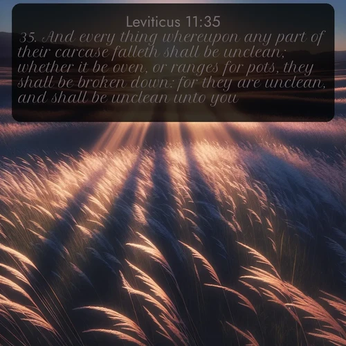 KJV Leviticus  ; image nature: image with the bible verse :And every thing whereupon any part of their carcase falleth shall be unclean; whether it be oven, or ranges for pots, they shall be broken down: for they are unclean, and shall be unclean unto you. ; Explore a winter collection of Bible verse images adorned with photos of icy landscapes, frozen waterfalls, and snow-covered forests. These scenes capture divine tranquility and purity. Download inspiring verses like KJV Leviticus 11:35. Current verse is overlayed with the thematic nature scene : Summer breeze ripples through fields of prairie grass. ; 11:35