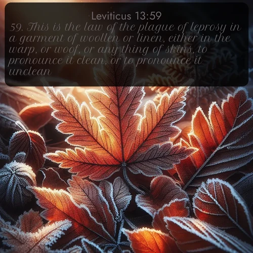citation biblique : 59. This is the law of the plague of leprosy in a garment of woollen or linen, either in the warp, or woof, or any thing of skins, to pronounce it clean, or to pronounce it unclean.
 sur fond image nature