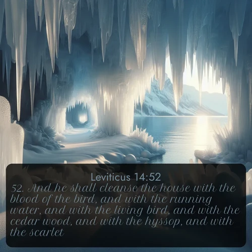 citation biblique : 52. And he shall cleanse the house with the blood of the bird, and with the running water, and with the living bird, and with the cedar wood, and with the hyssop, and with the scarlet:
 sur fond image nature