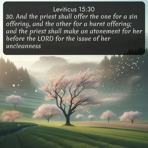KJV Leviticus  ; image nature: image with the bible verse :And the priest shall offer the one for a sin offering, and the other for a burnt offering; and the priest shall make an atonement for her before the LORD for the issue of her uncleanness. ; Download Bible verse images featuring vibrant photos of nature, from snowy landscapes to golden deserts. These free images are perfect for phone wallpapers, desktop backgrounds, or sharing. Verses include KJV Leviticus 15:30. Current verse is overlayed with the thematic nature scene : Spring winds scatter cherry blossoms like snow. ; 15:30