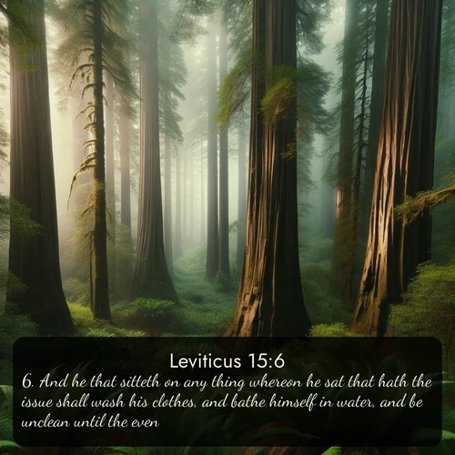KJV Leviticus  ; image nature: image with the bible verse :And he that sitteth on any thing whereon he sat that hath the issue shall wash his clothes, and bathe himself in water, and be unclean until the even. ; Discover our unique collection of Bible verse images integrated with photos showcasing the majesty of nature, such as rocky mountains, ancient trees, and crystal-clear lakes. These images feature luminous colors and text in varied fonts, reflecting the harmony of God&#039;s creation. Download verses like KJV Leviticus 15:6. Current verse is overlayed with the thematic nature scene : Coastal redwoods disappear into the fog high above a fern grove. ; 15:6