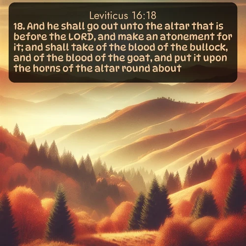 citation biblique : 18. And he shall go out unto the altar that is before the LORD, and make an atonement for it; and shall take of the blood of the bullock, and of the blood of the goat, and put it upon the horns of the altar round about.
 sur fond image nature