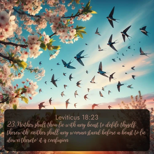 citation biblique : 23. Neither shalt thou lie with any beast to defile thyself therewith: neither shall any woman stand before a beast to lie down thereto: it is confusion.
 sur fond image nature