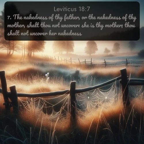 citation biblique : 7. The nakedness of thy father, or the nakedness of thy mother, shalt thou not uncover: she is thy mother; thou shalt not uncover her nakedness.
 sur fond image nature
