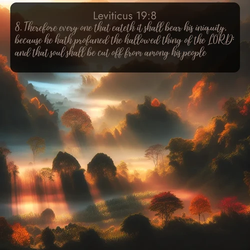 citation biblique : 8. Therefore every one that eateth it shall bear his iniquity, because he hath profaned the hallowed thing of the LORD: and that soul shall be cut off from among his people.
 sur fond image nature