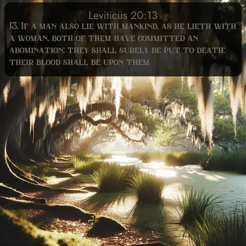citation biblique : 13. If a man also lie with mankind, as he lieth with a woman, both of them have committed an abomination: they shall surely be put to death; their blood shall be upon them.
 sur fond image nature