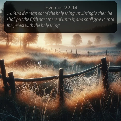 citation biblique : 14. And if a man eat of the holy thing unwittingly, then he shall put the fifth part thereof unto it, and shall give it unto the priest with the holy thing.
 sur fond image nature