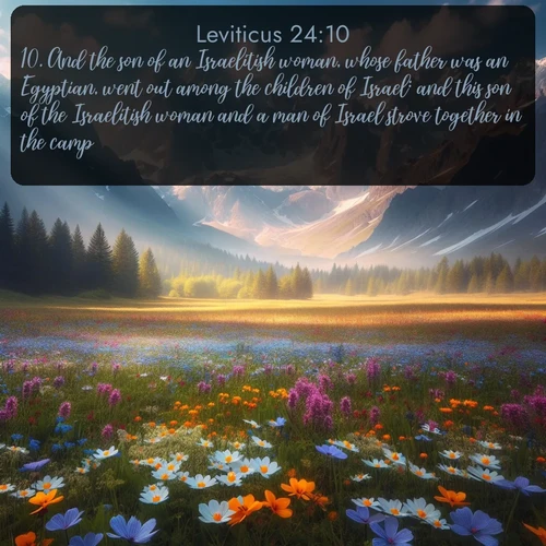 KJV Leviticus 24:10 overlaying nature image scene: Spring wildflowers carpet an alpine meadow beneath snow-capped peaks.;10. And the son of an Israelitish woman, whose father was an Egyptian, went out among the children of Israel: and this son of the Israelitish woman and a man of Israel strove together in the camp;