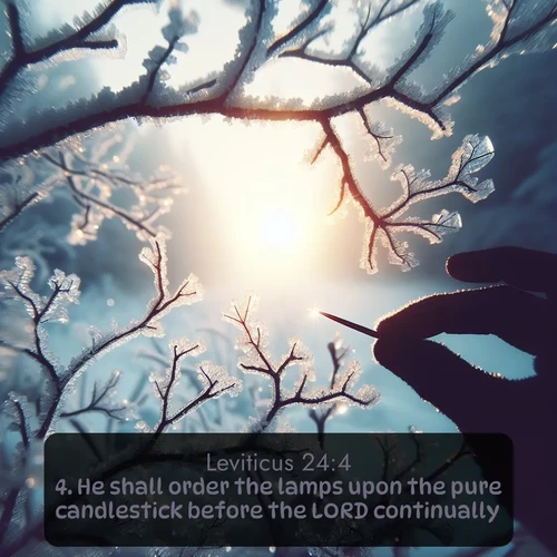 KJV Leviticus 24:4 overlaying nature image scene: Winter sunrise glows through ice-coated branches.;4. He shall order the lamps upon the pure candlestick before the LORD continually.
