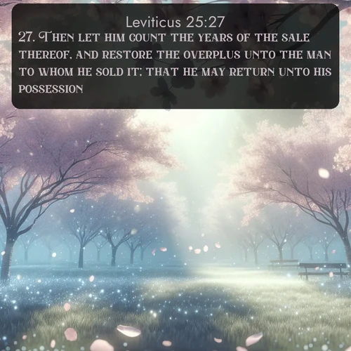 citation biblique : 27. Then let him count the years of the sale thereof, and restore the overplus unto the man to whom he sold it; that he may return unto his possession.
 sur fond image nature